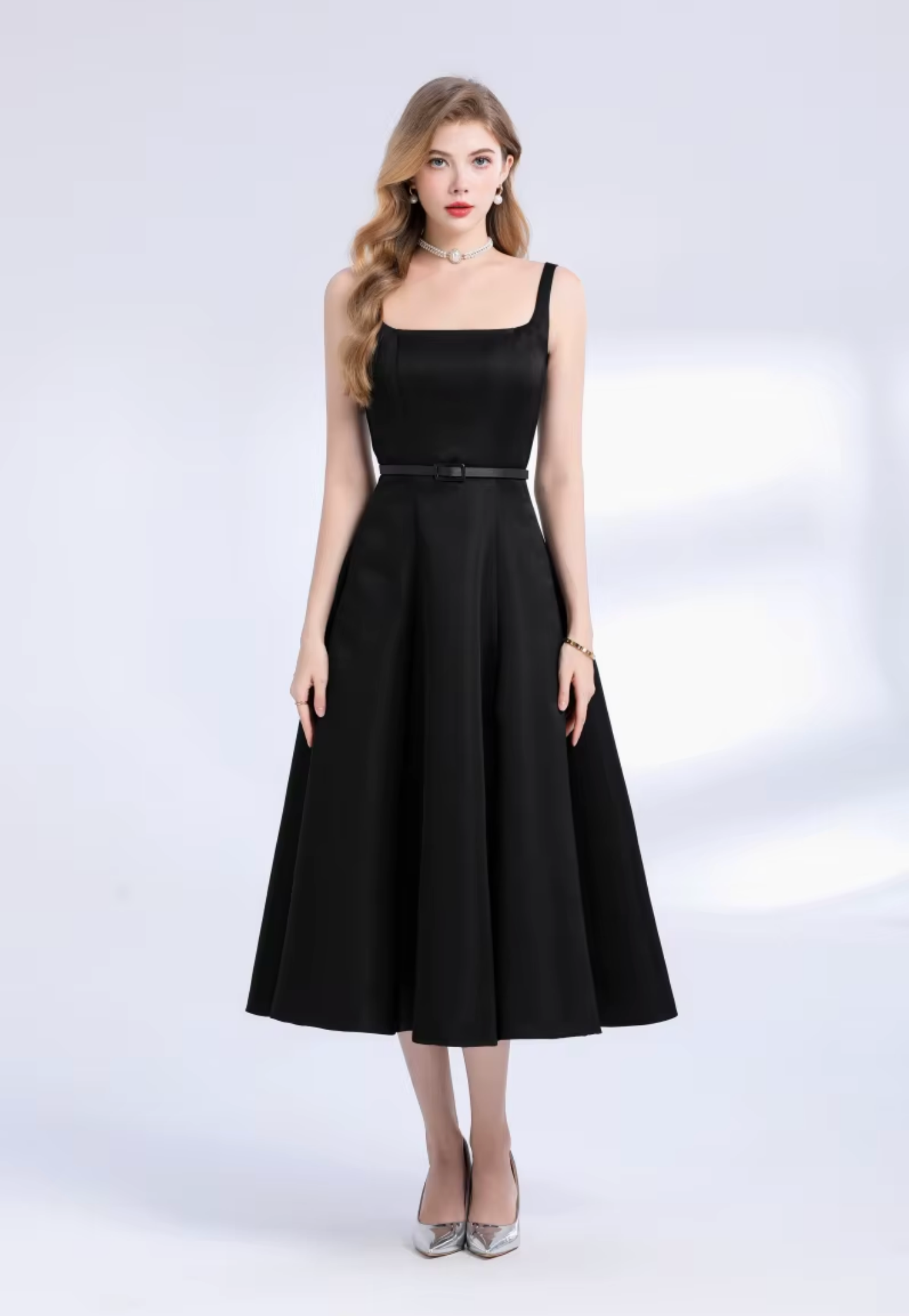 Elegant Red Matte Satin A-Line Midi Dress with Belt