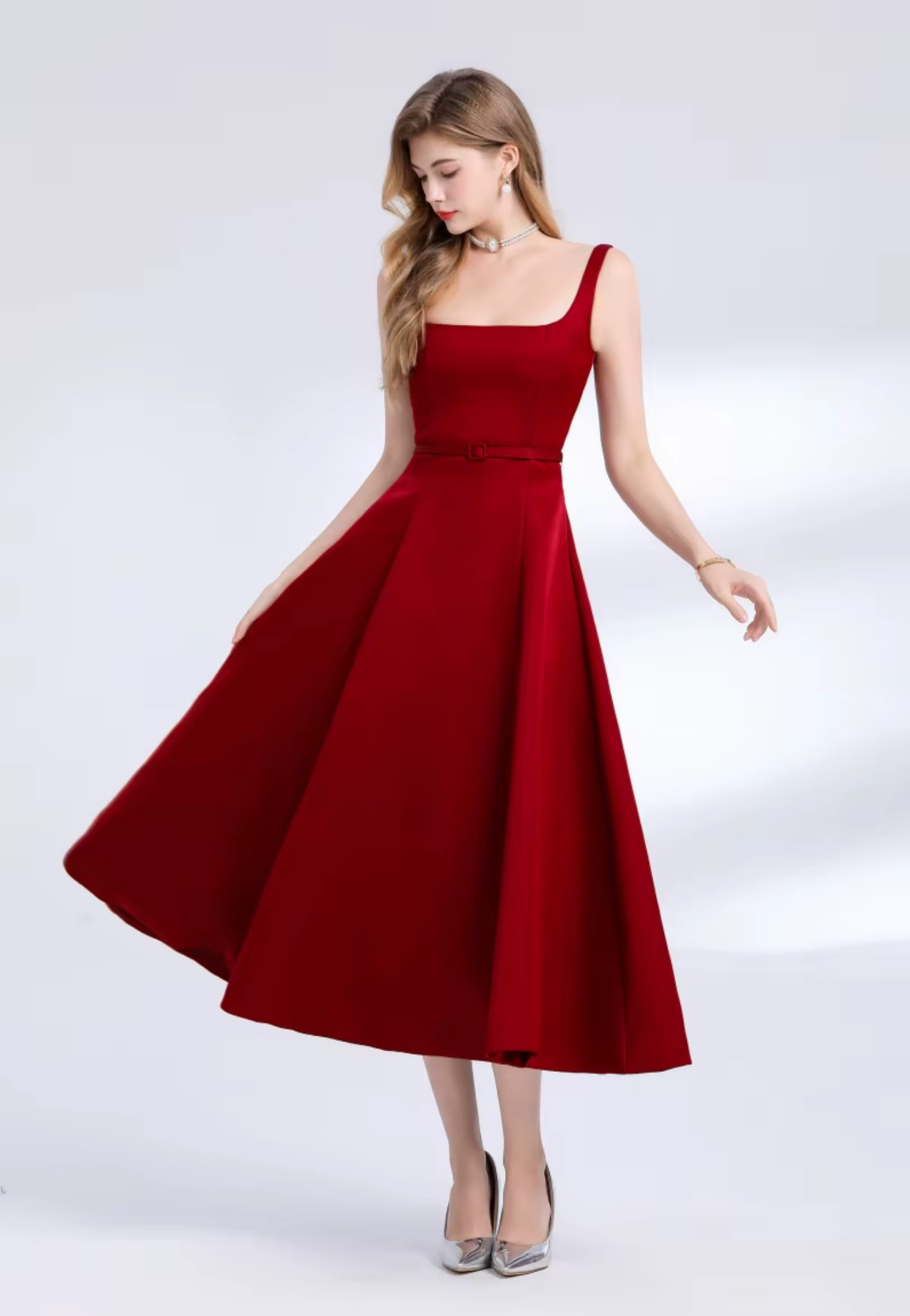 Elegant Red Matte Satin A-Line Midi Dress with Belt