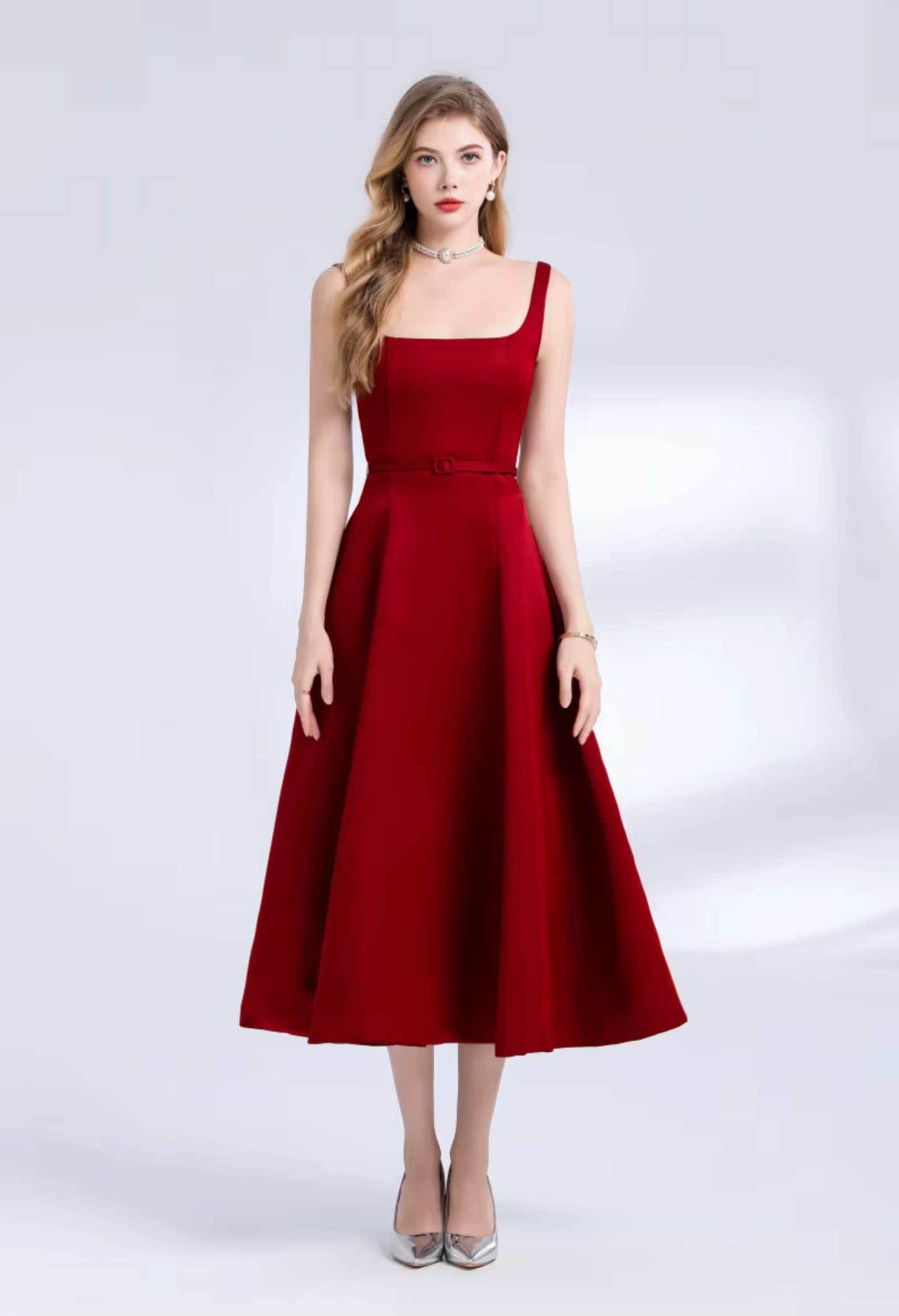 Elegant Red Matte Satin A-Line Midi Dress with Belt