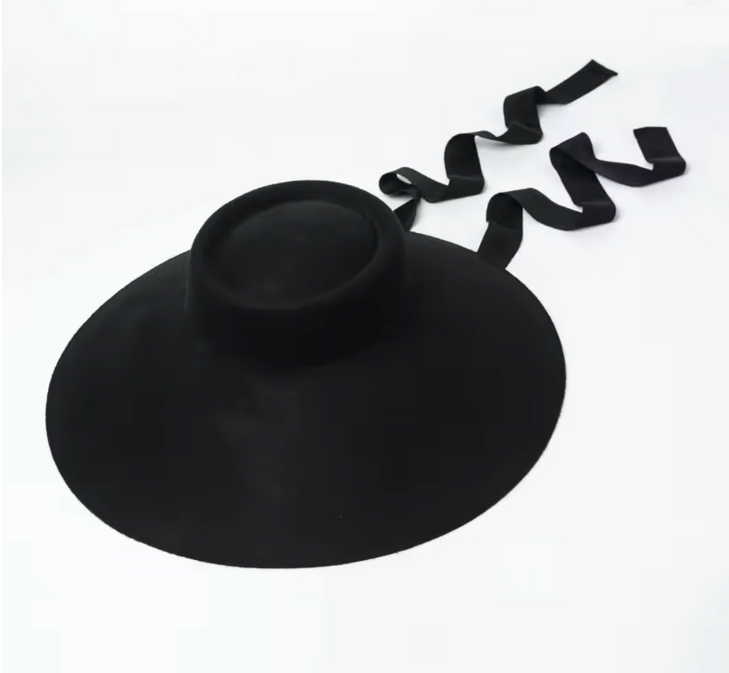Audrey-Inspired Black Wide Brim Felt Hat with Ribbon