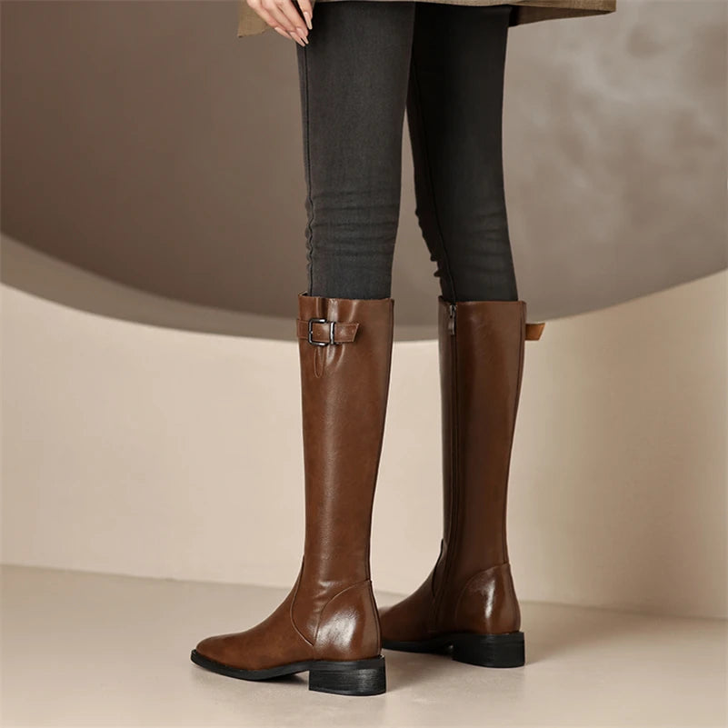 Knee High Leather Flat Equestrian Riding Boots Round Toe Side Buckle - Brown