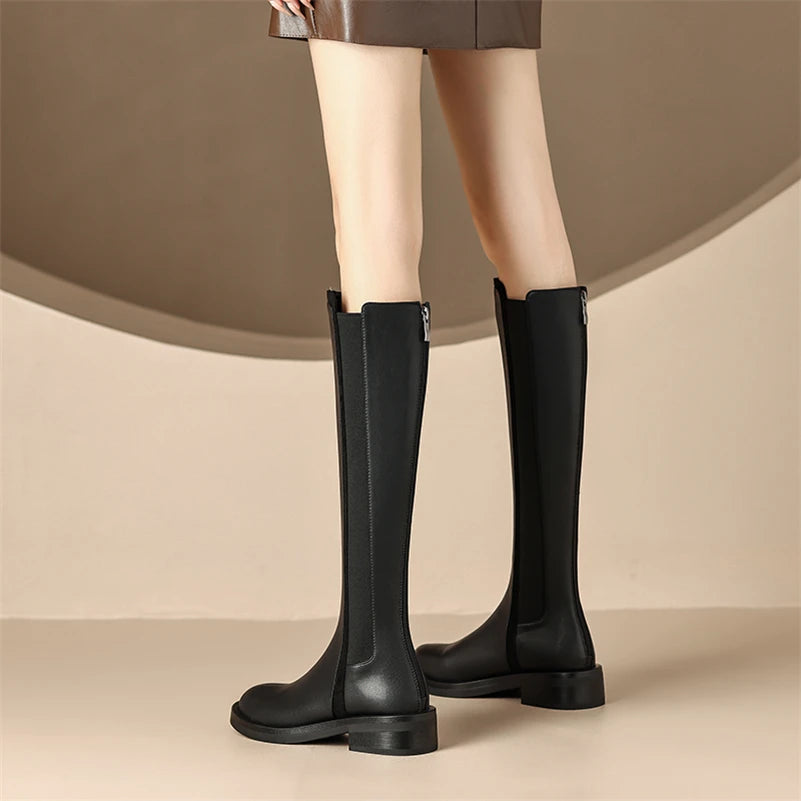 Knee High Leather Boots Flat Round Toe Equestrian Style