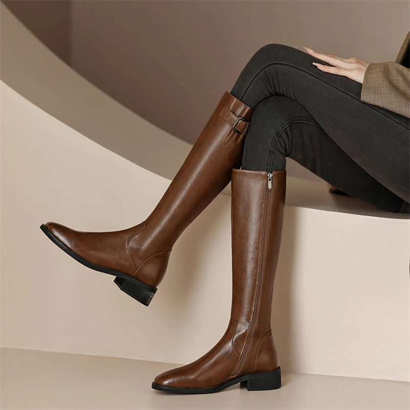 Knee High Leather Flat Equestrian Riding Boots Round Toe Side Buckle - Brown