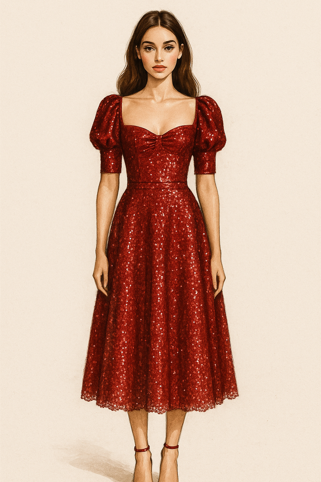 Sequin Milkmaid Dress with Sweetheart Neckline & Puffed Sleeves - Red