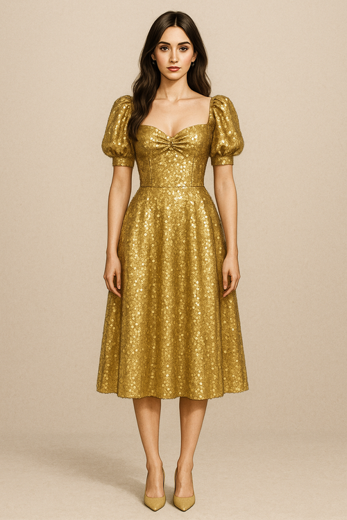 Sequin Milkmaid Dress with Sweetheart Neckline & Puffed Sleeves - Gold