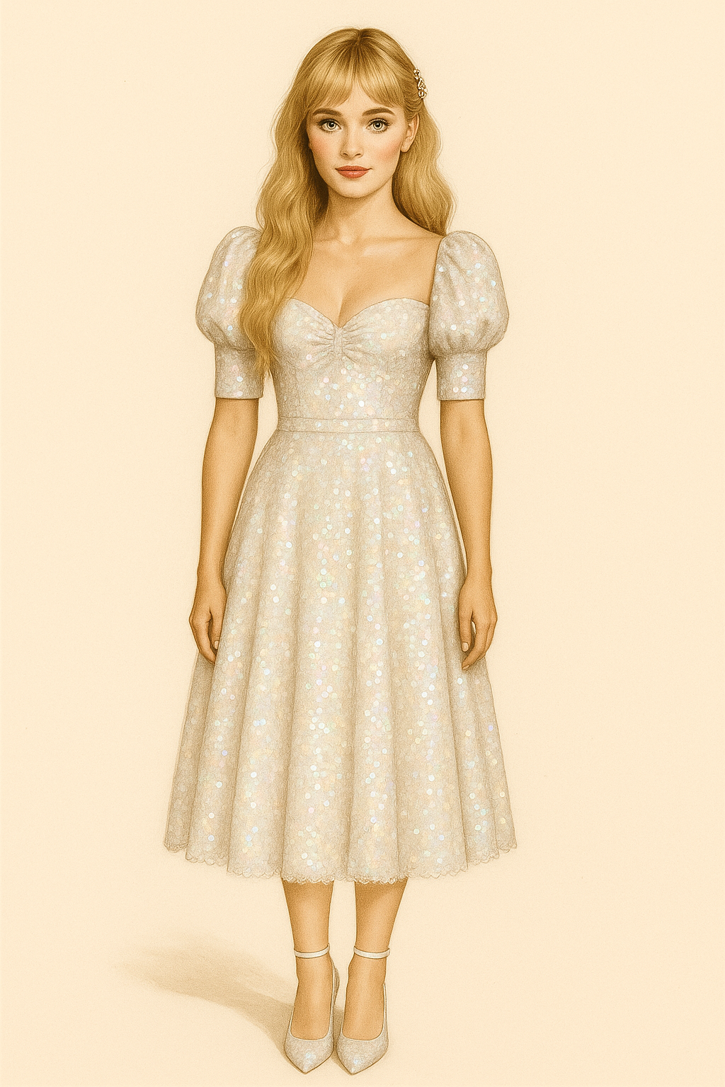 Sequin Milkmaid Dress with Sweetheart Neckline & Puffed Sleeves - Mother of pearl