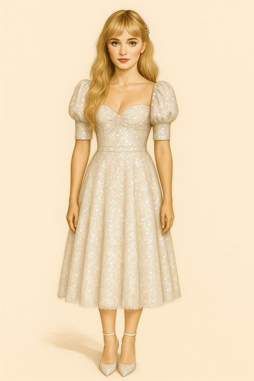 Sequin Milkmaid Dress with Sweetheart Neckline & Puffed Sleeves - Mother of pearl