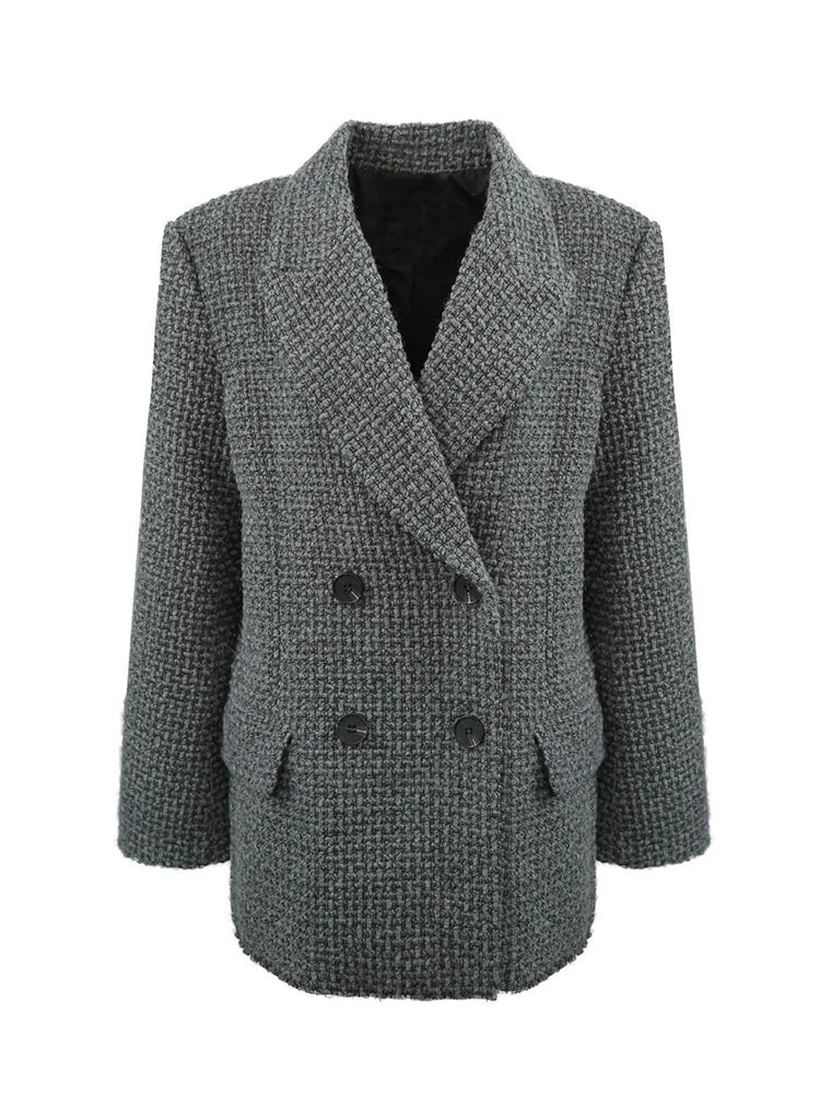 Grey Tweed Longline Blazer – Double-Breasted, Loose Cut with Double Lapel