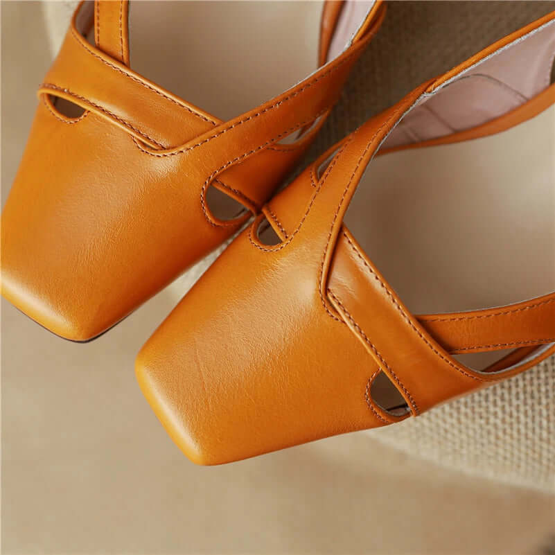 Square Toe Sling Back Flat Pumps - Ivory Leather
