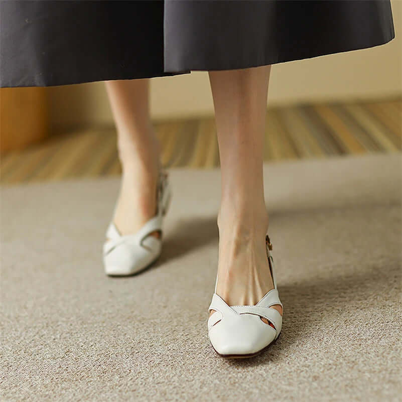 Square Toe Sling Back Flat Pumps - Ivory Leather