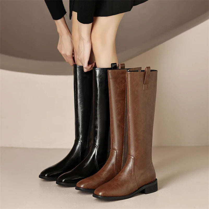 Knee High Leather Flat Equestrian Riding Boots Round Toe - Brown