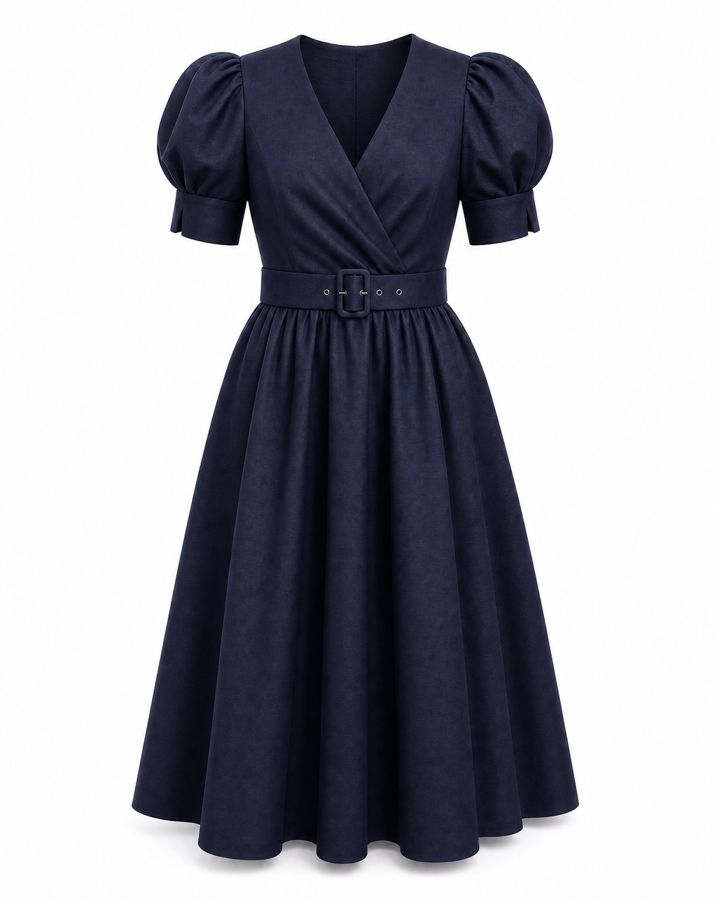Navy Silk Wrap Midi Dress with Puff Sleeves & Detachable Belt