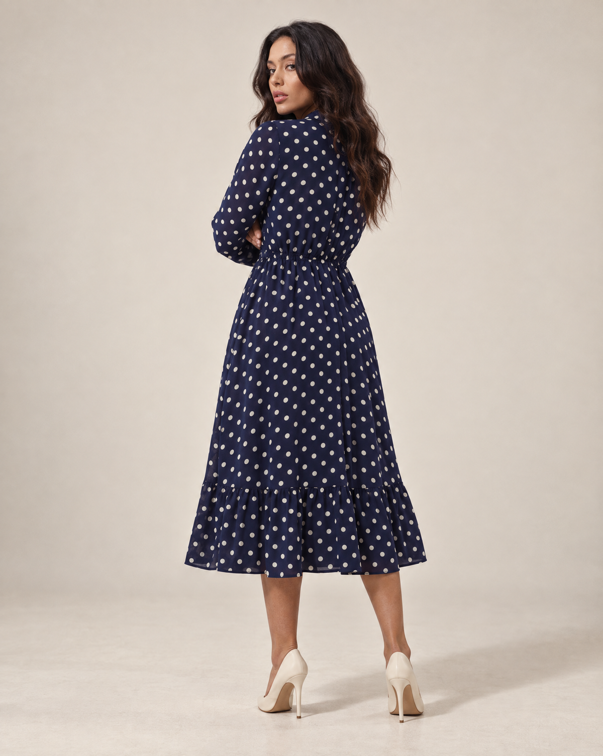 Silk Polka Dot Midi Dress With Long Sleeves in Navy Blue