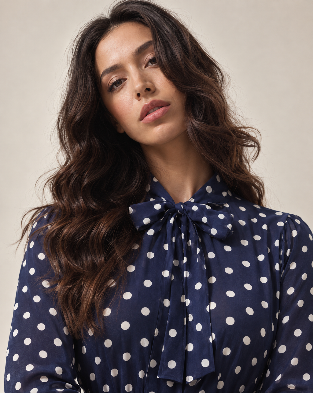 Silk Polka Dot Midi Dress With Long Sleeves in Navy Blue
