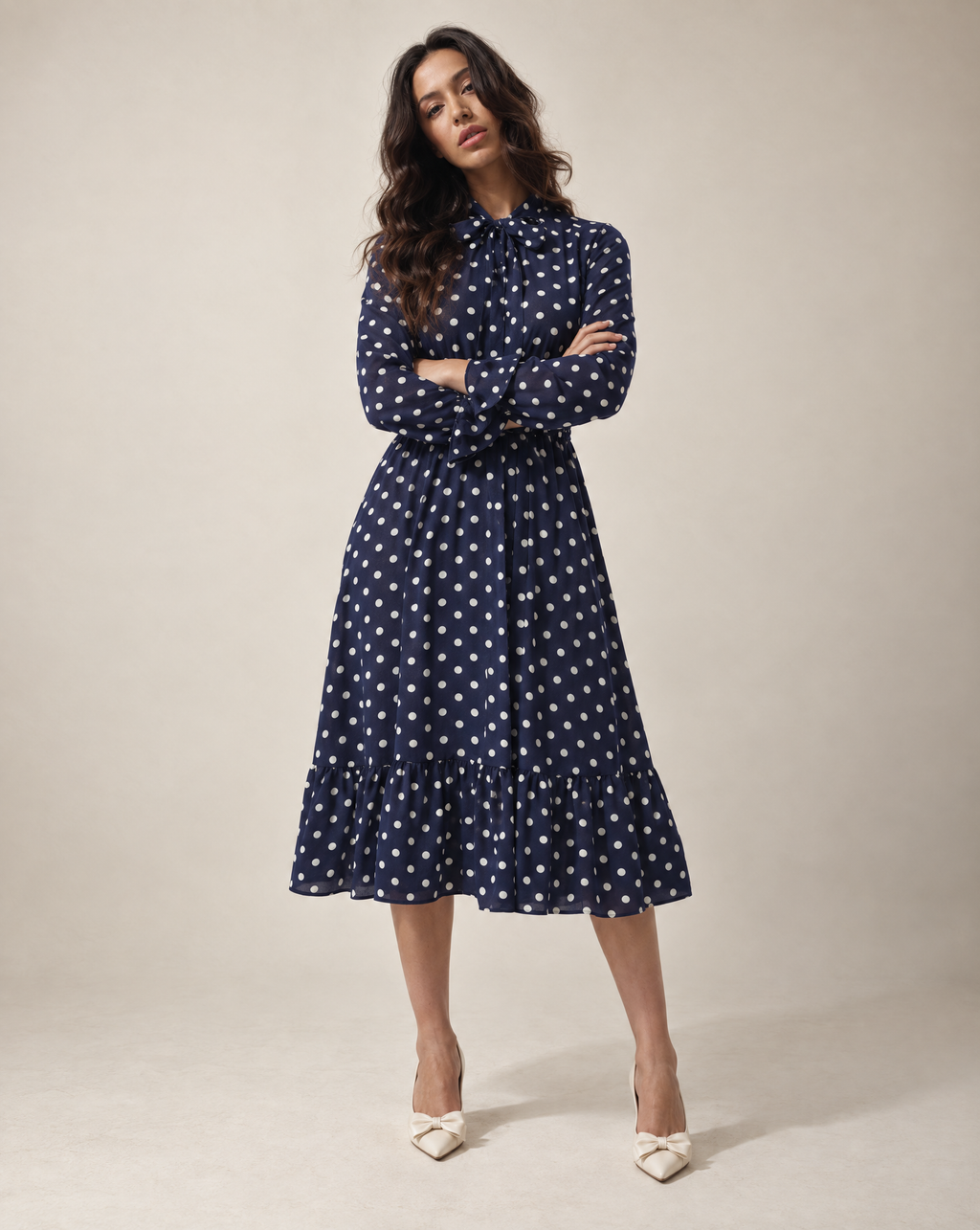 Silk Polka Dot Midi Dress With Long Sleeves in Navy Blue