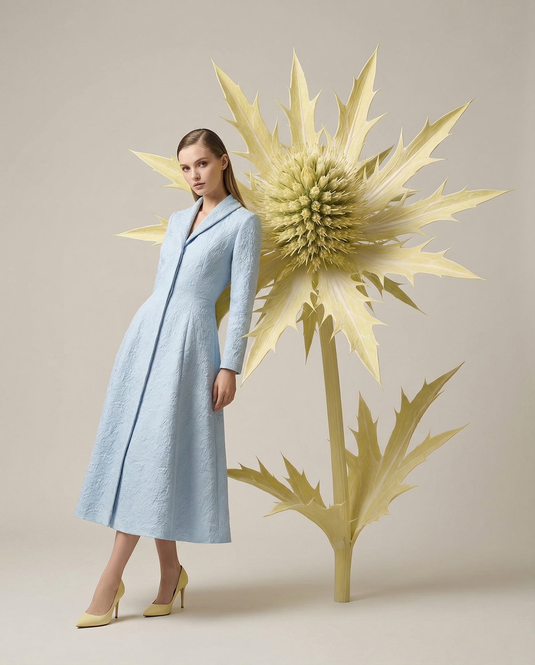 Sky Blue Structured Coat Dress with Bias-Cut Shawl Collar