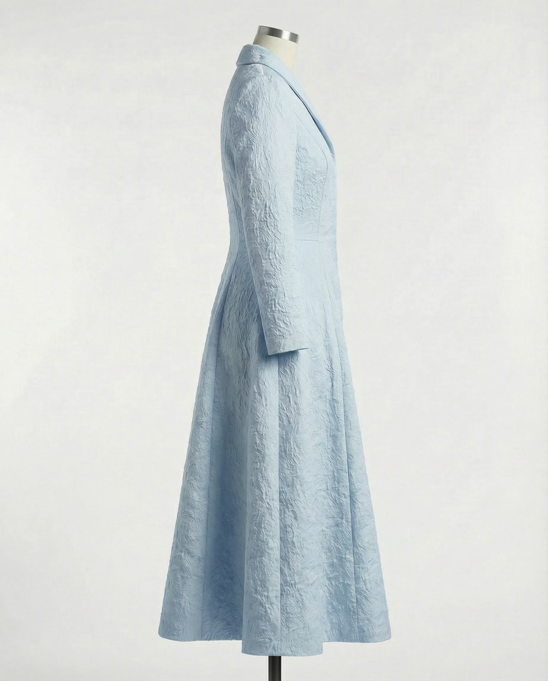 Sky Blue Structured Coat Dress with Bias-Cut Shawl Collar