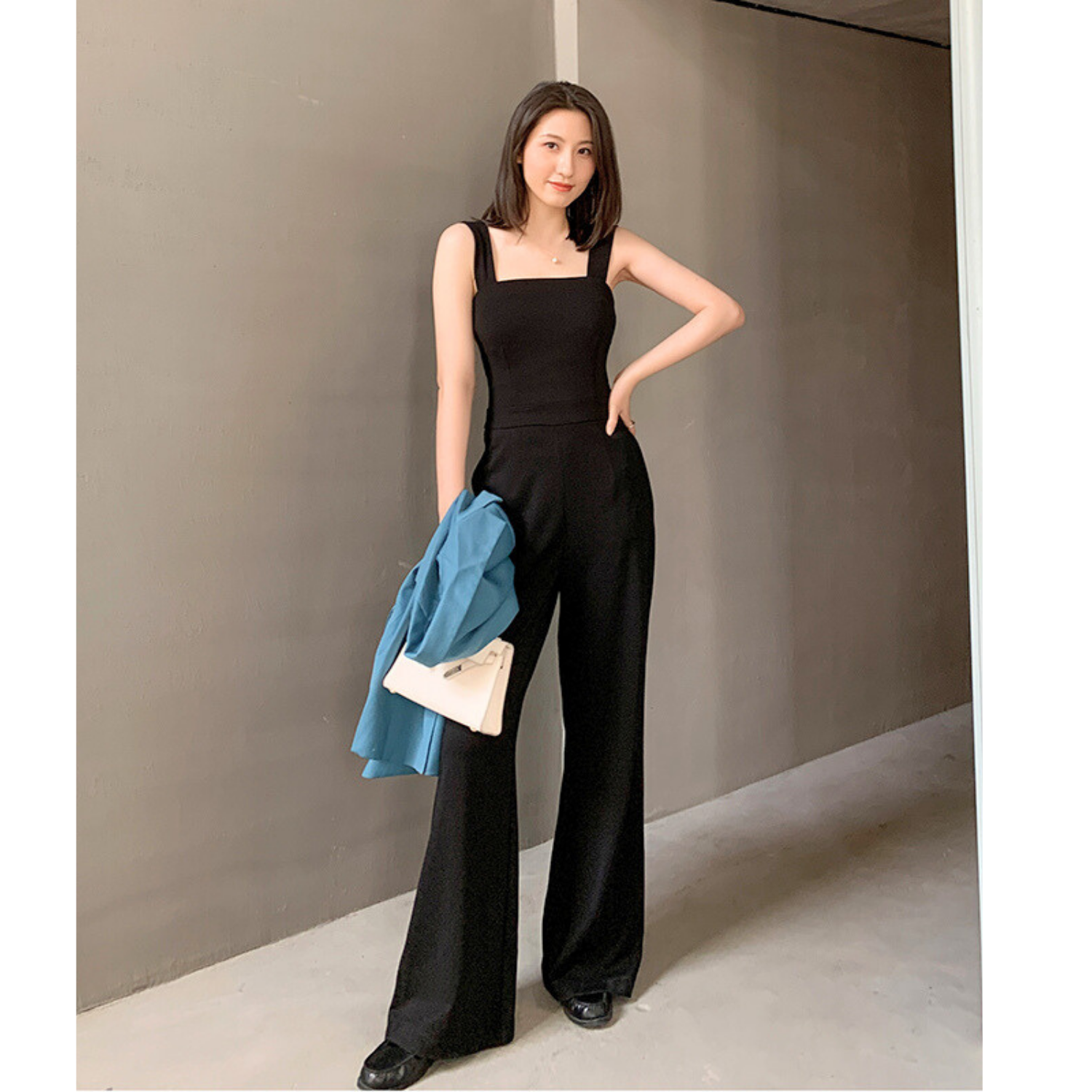 Square neck black jumpsuit shop