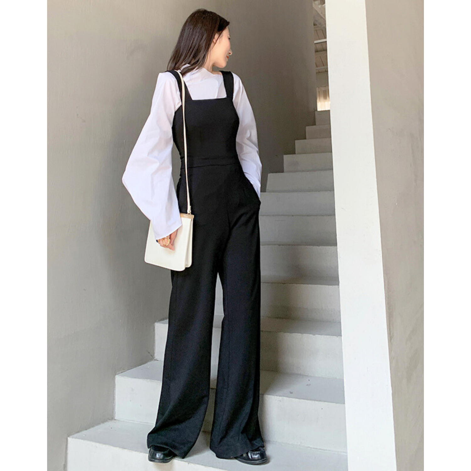 Black jumpsuit with white top sales