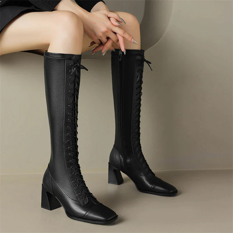 Square Toe Block Heel Knee High Leather Laceup Boots - Black