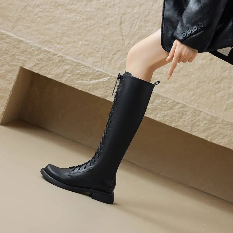 Square Toebox Knee High Riding Leather Lace Up Boots Black with