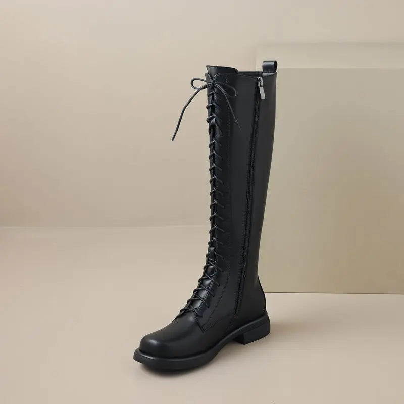 Square Toebox Knee High Riding Leather Lace Up Boots - Black with Black Sole 