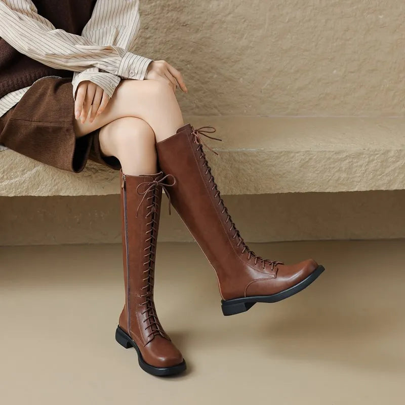 Square Toebox Knee High Riding Leather Lace Up Boots - Brown with Black Sole