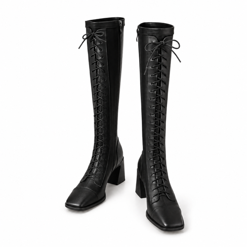 Kniehohe Stiefel aus Leder mit Blockabsatz und quadratischer Zehenpartie und Schnürung - Schwarz