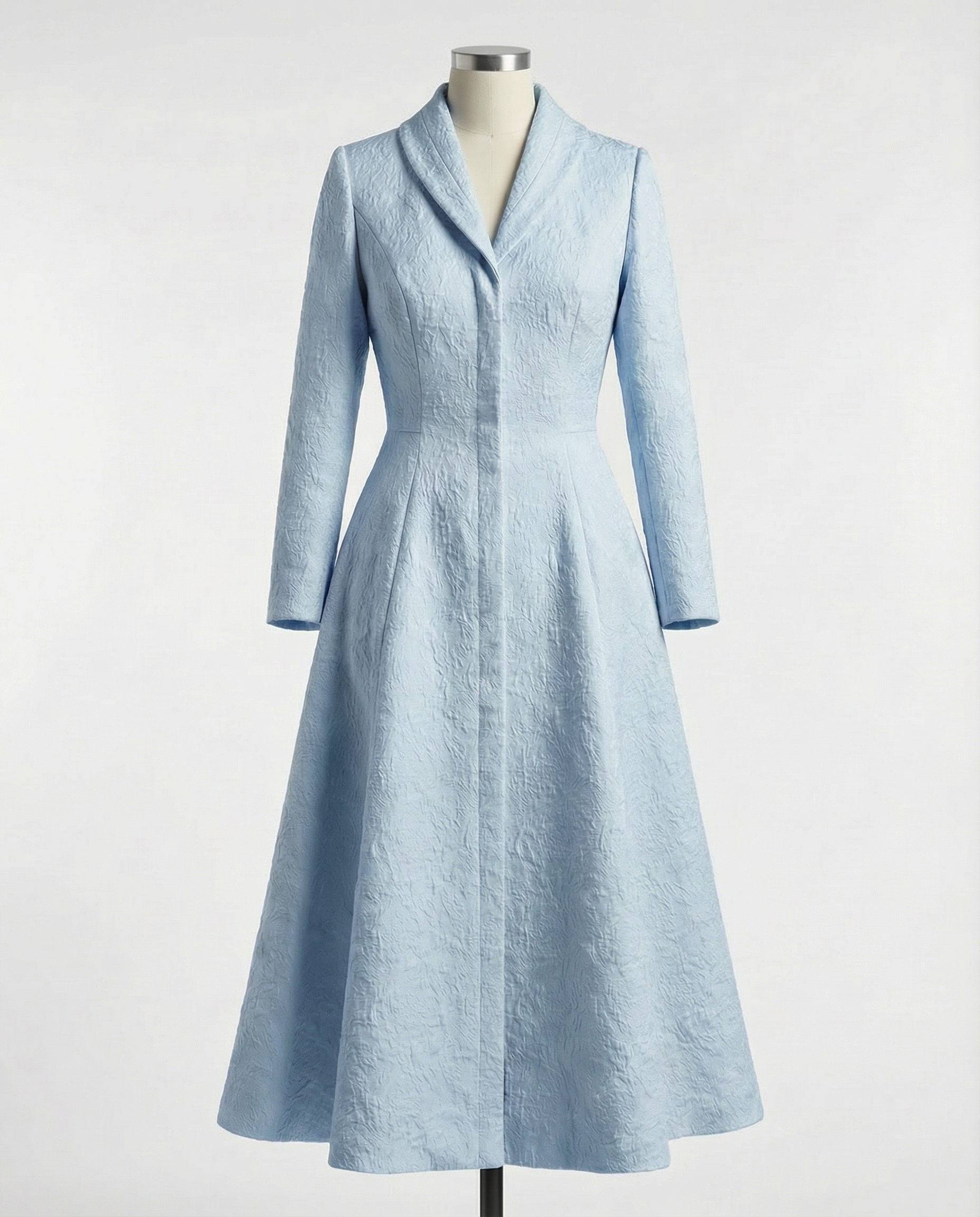 Sky Blue Structured Coat Dress with Bias-Cut Shawl Collar
