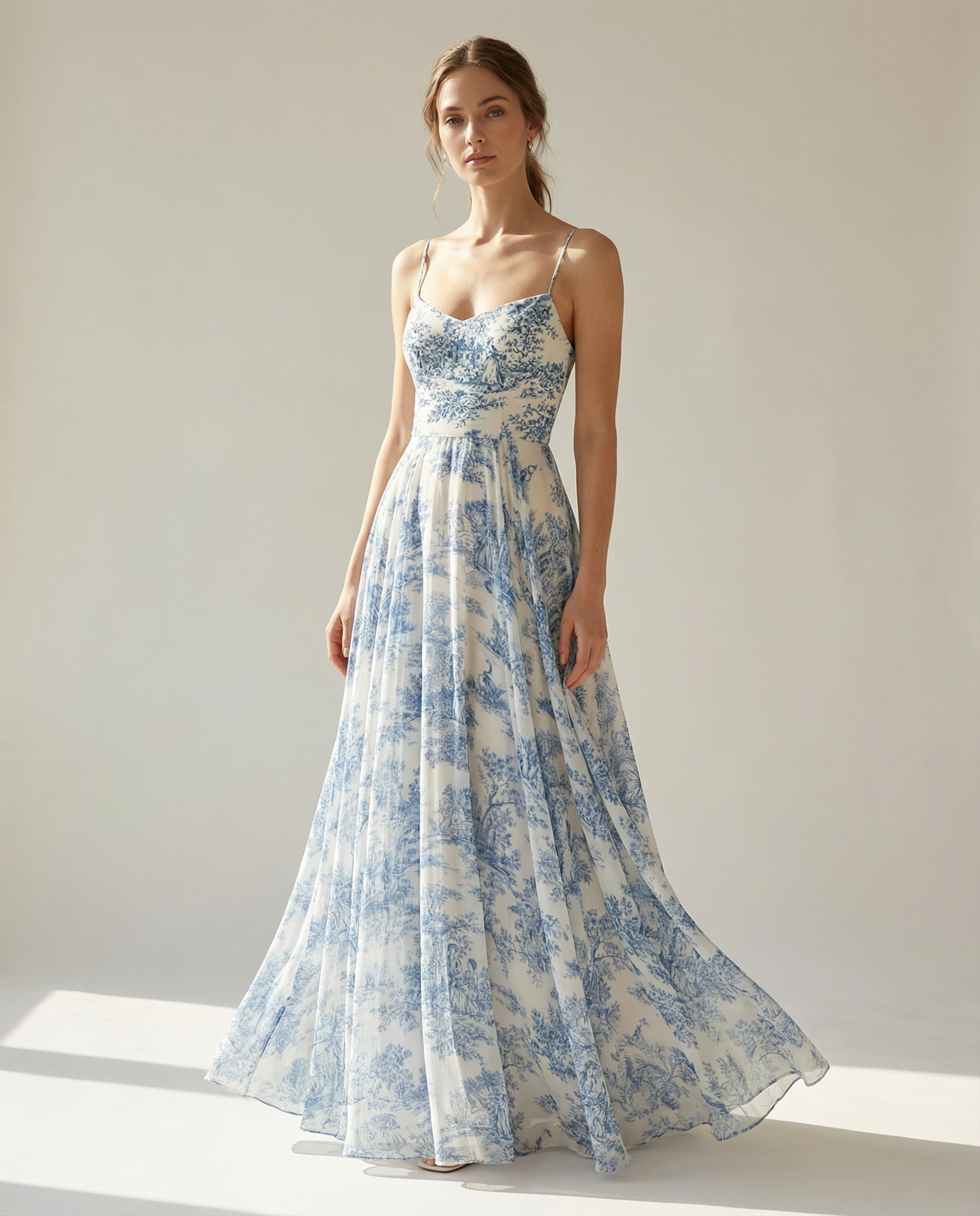 Toile de Jouy Spaghetti-Strap Midaxi Dress in Ivory and Blue Chiffon