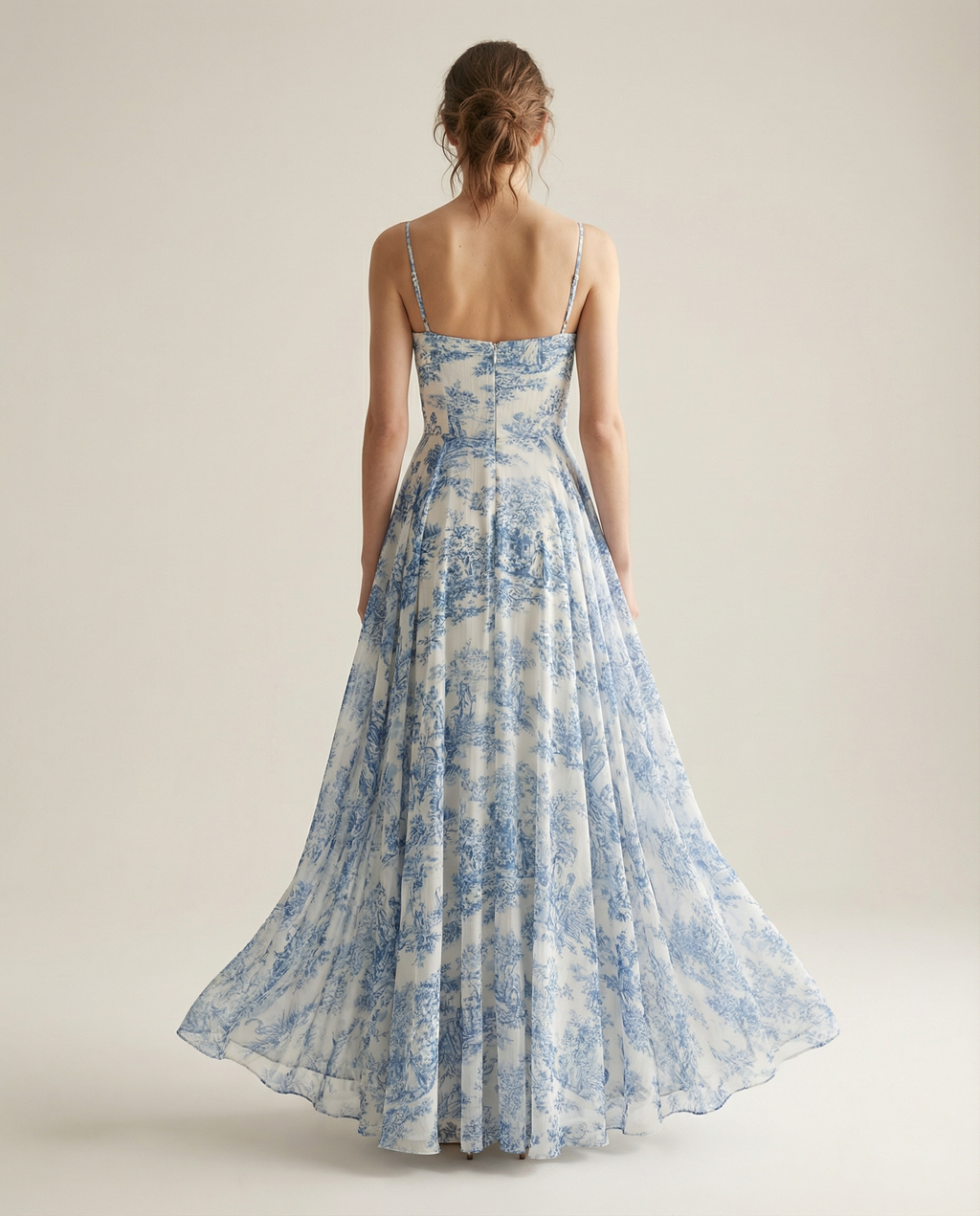 Toile de Jouy Spaghetti-Strap Midaxi Dress in Ivory and Blue Chiffon