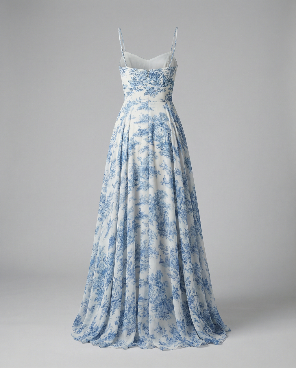 Toile de Jouy Spaghetti-Strap Midaxi Dress in Ivory and Blue Chiffon