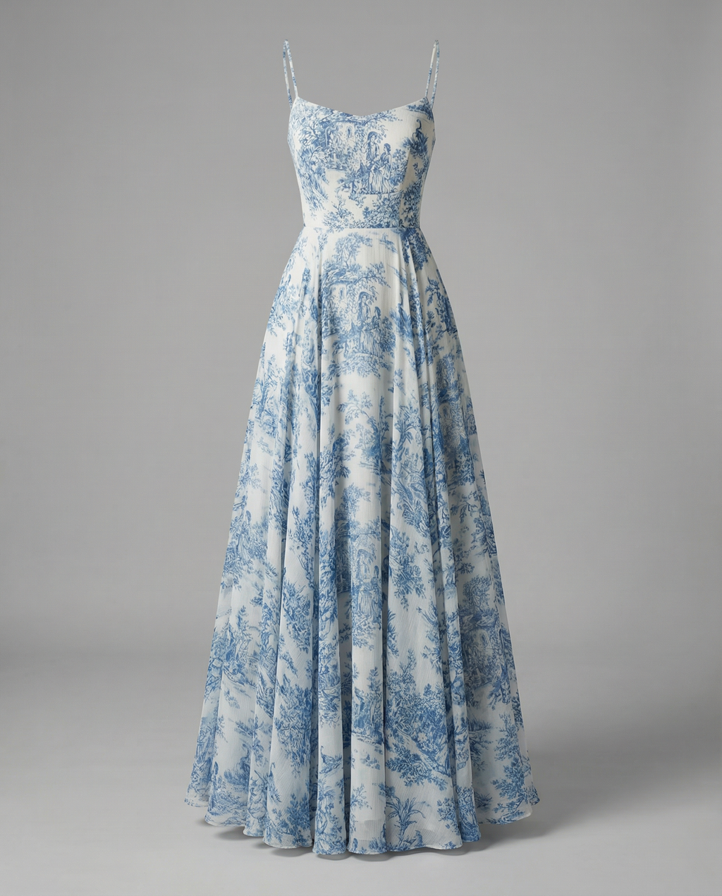 Toile de Jouy Spaghetti-Strap Midaxi Dress in Ivory and Blue Chiffon