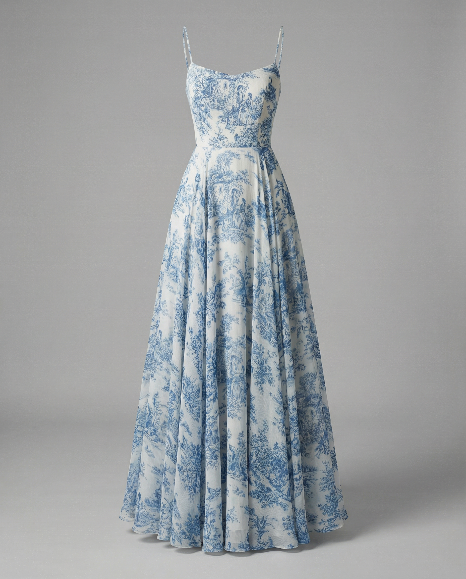 Toile de Jouy Spaghetti-Strap Midaxi Dress in Ivory and Blue Chiffon