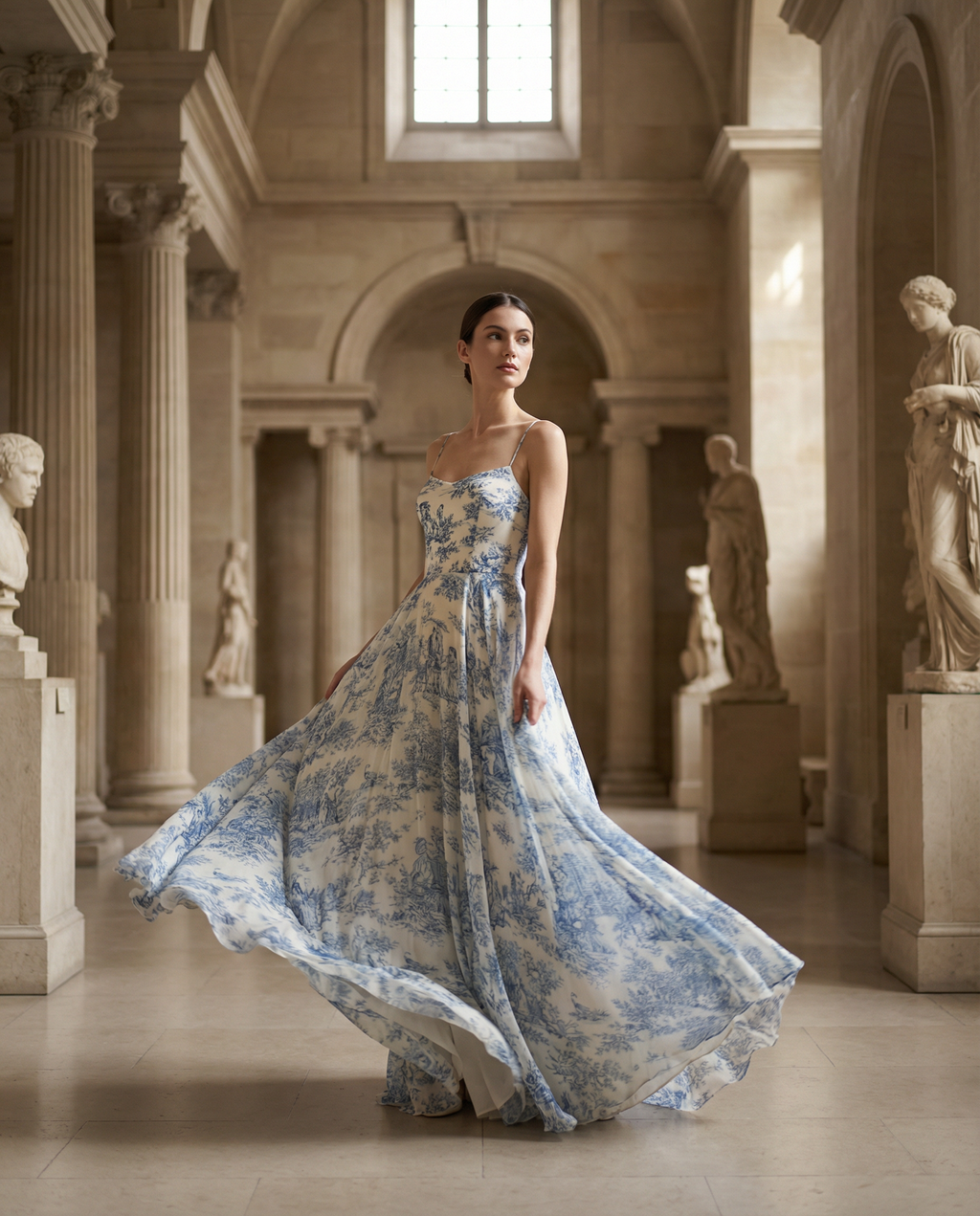 Toile de Jouy Spaghetti-Strap Midaxi Dress in Ivory and Blue Chiffon