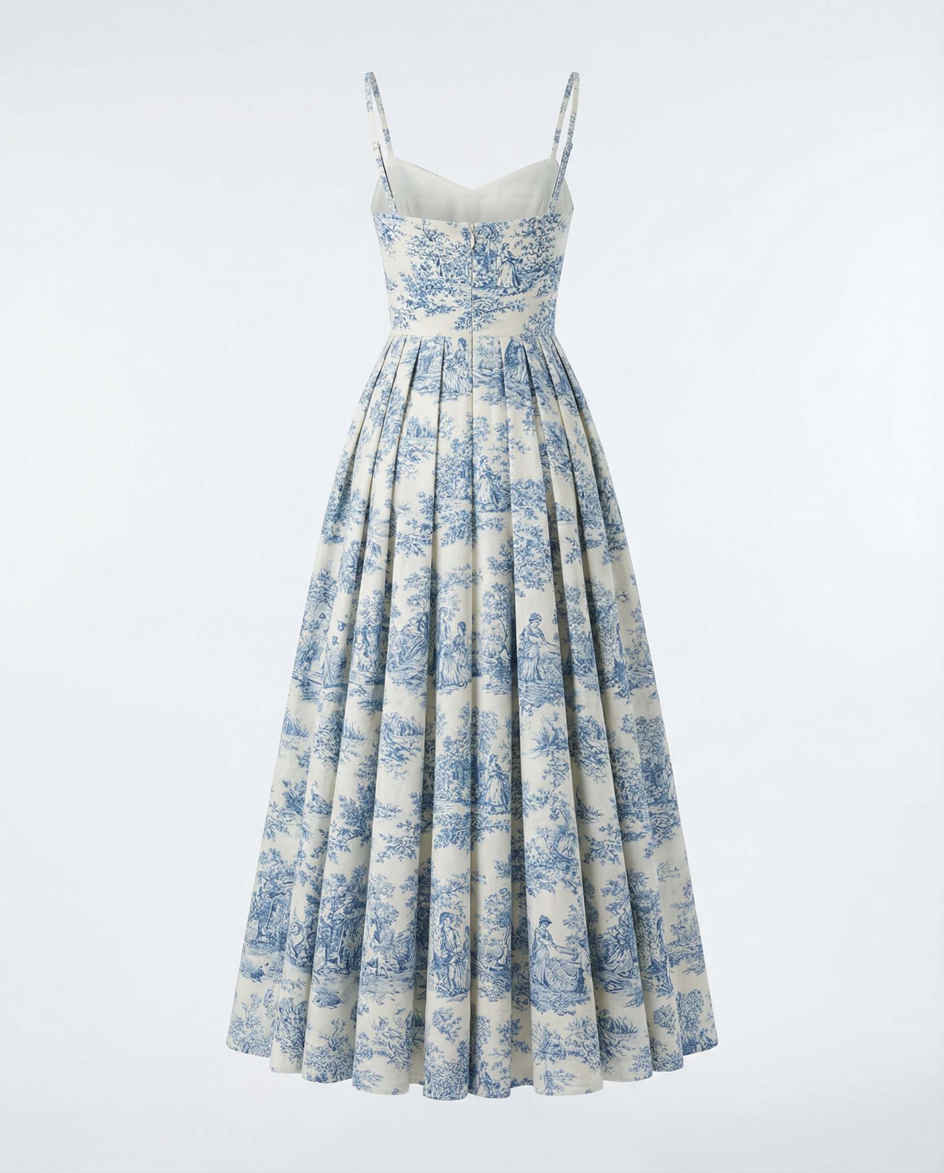 Toile de Jouy Spaghetti-Strap Maxi Dress in Ivory and Blue