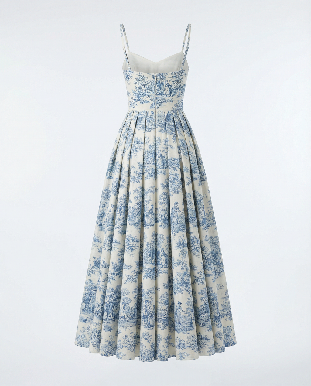 Toile de Jouy Spaghetti-Strap Midaxi Dress in Ivory and Blue