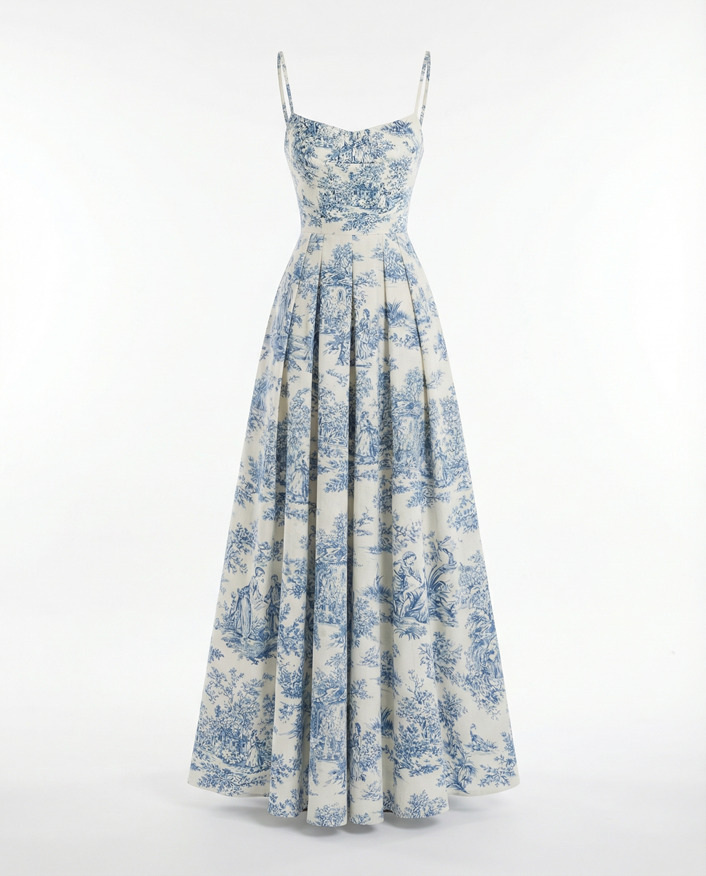 Toile de Jouy Spaghetti-Strap Maxi Dress in Ivory and Blue