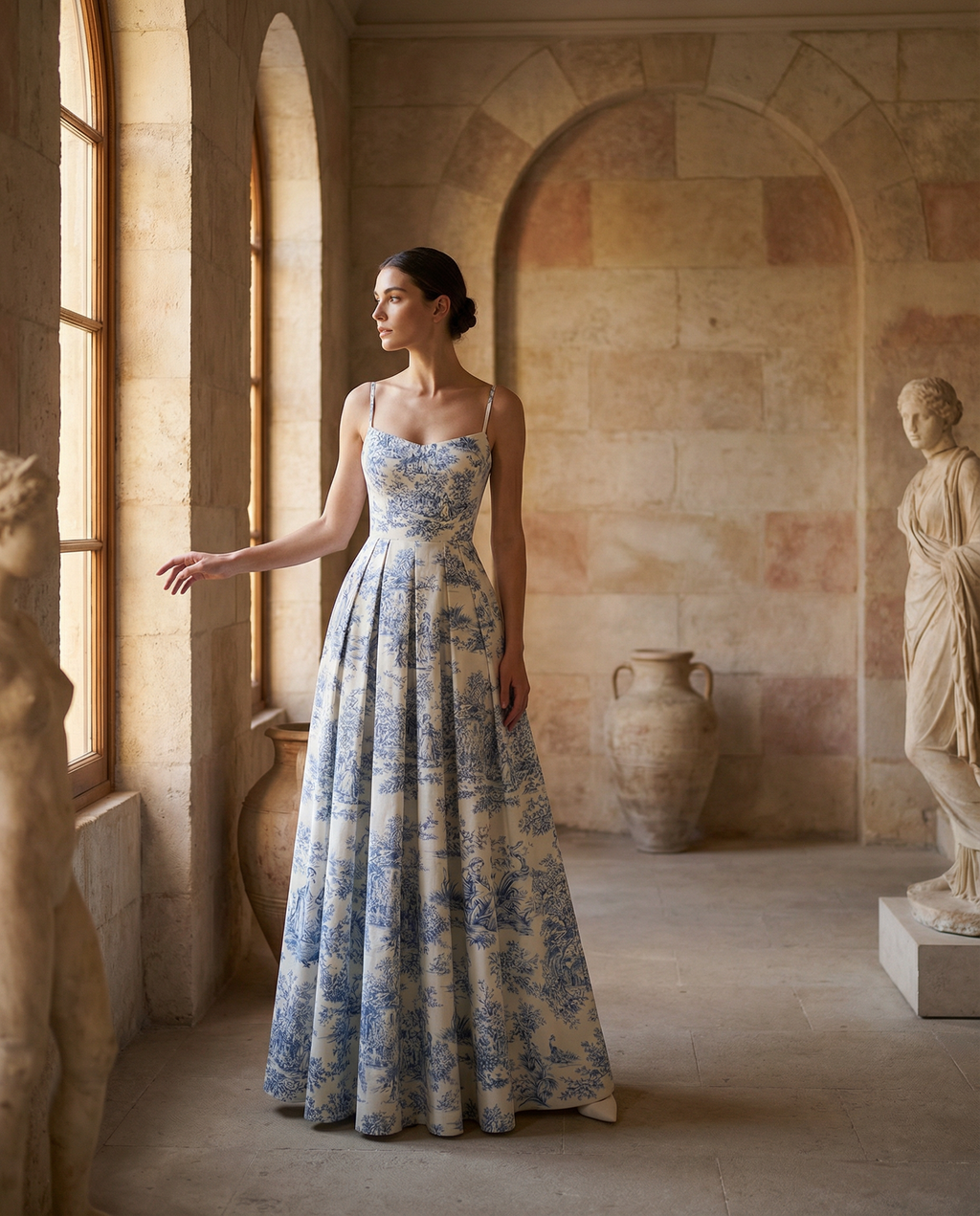 Toile de Jouy Spaghetti-Strap Maxi Dress in Ivory and Blue