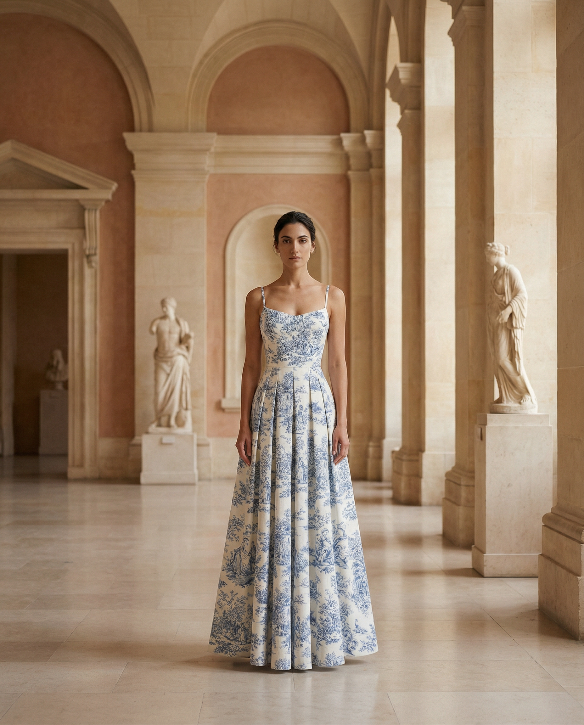 Toile de Jouy Spaghetti-Strap Maxi Dress in Ivory and Blue