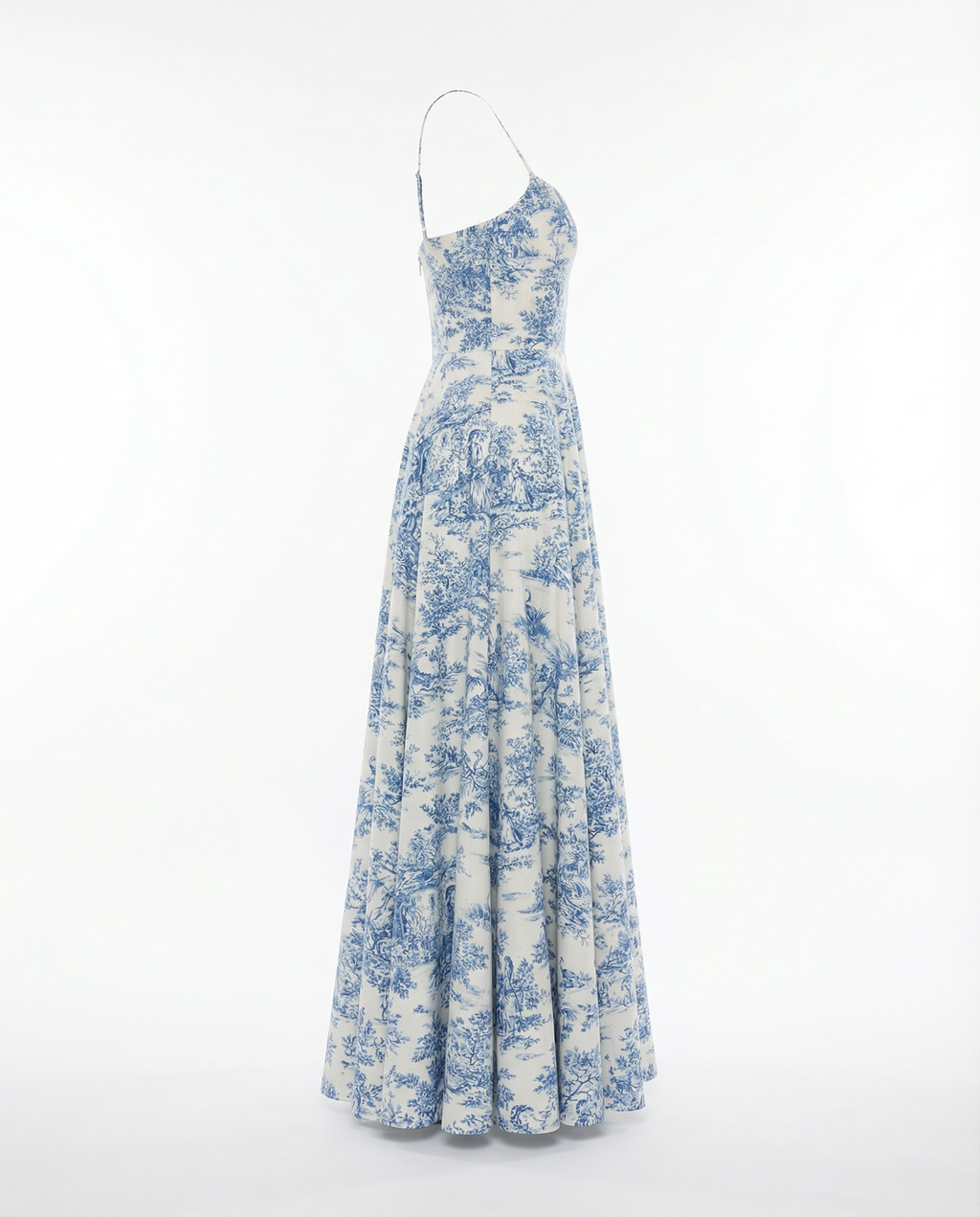 Toile de Jouy Spaghetti-Strap Maxi Dress in Ivory and Blue