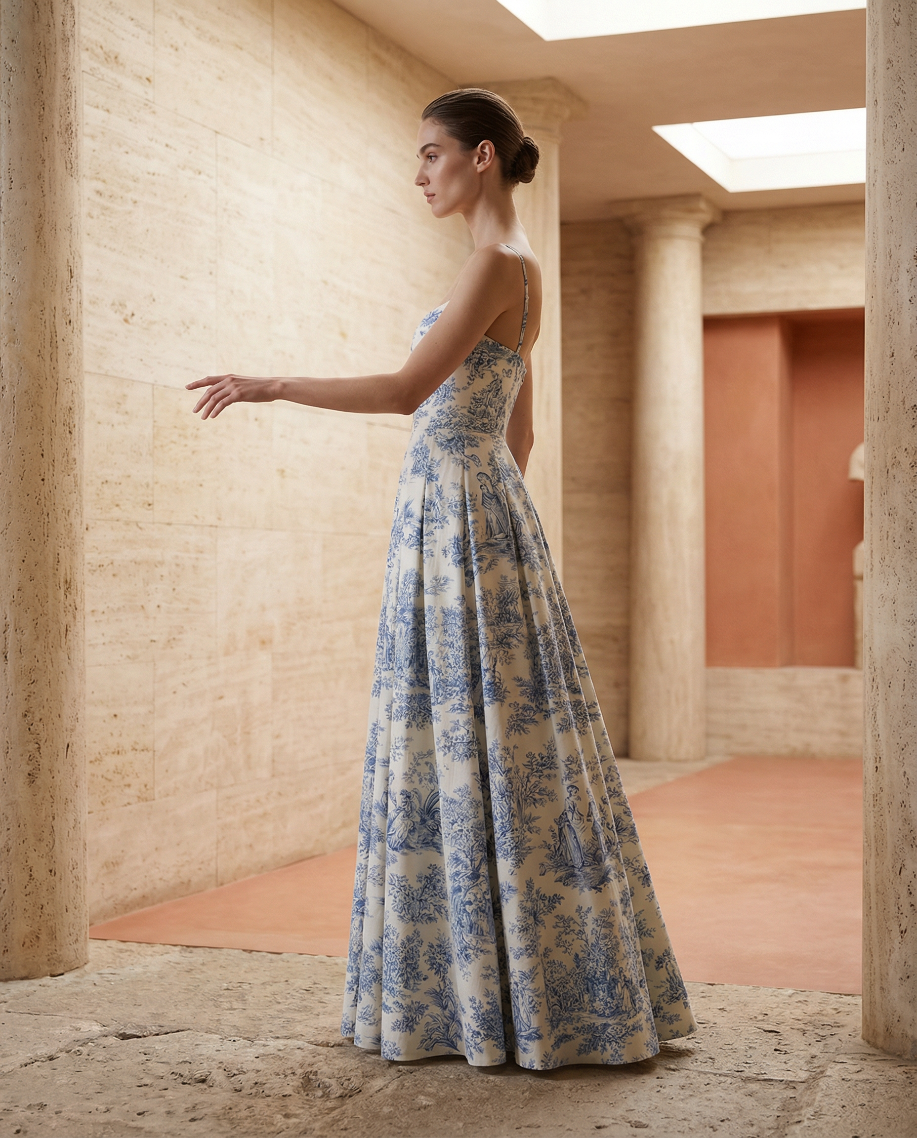 Toile de Jouy Spaghetti-Strap Maxi Dress in Ivory and Blue