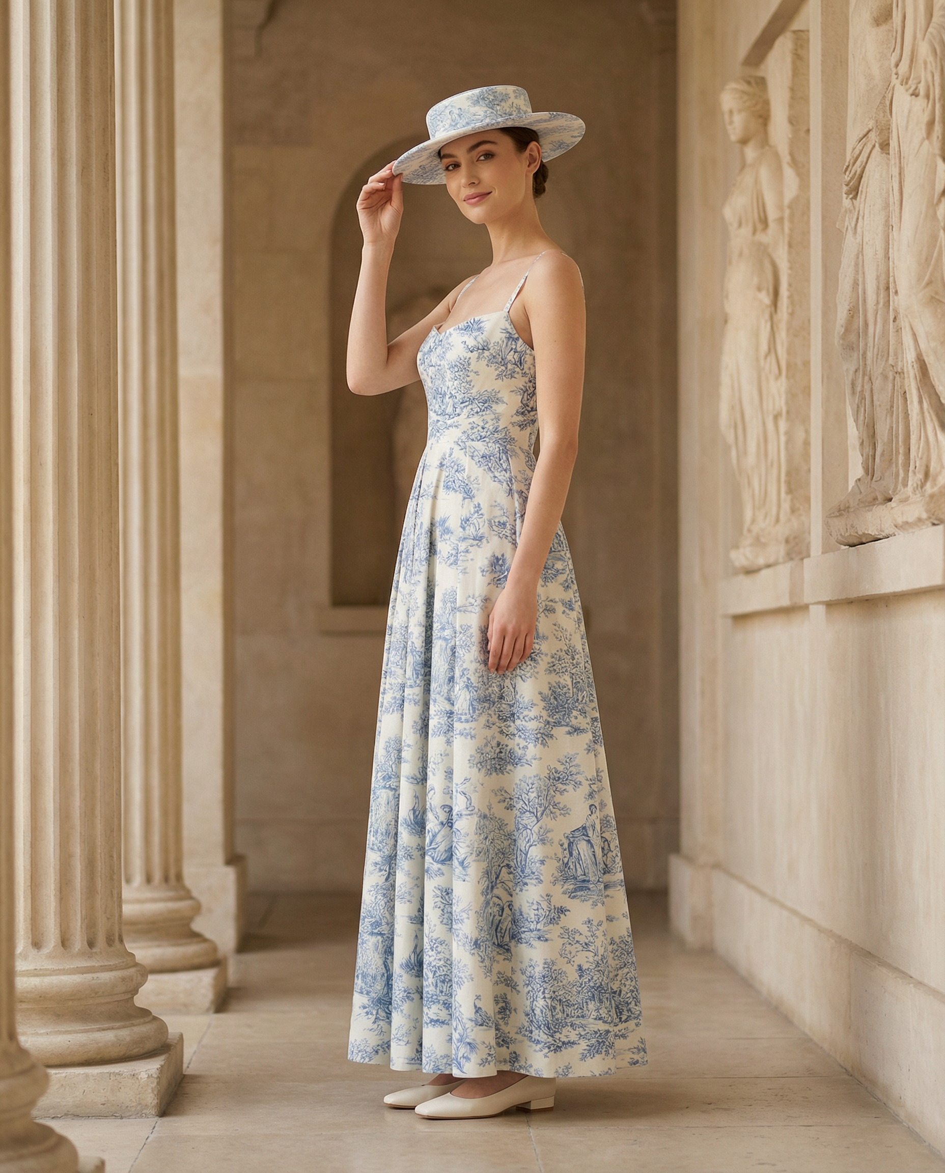 Toile de Jouy Spaghetti-Strap Maxi Dress in Ivory and Blue