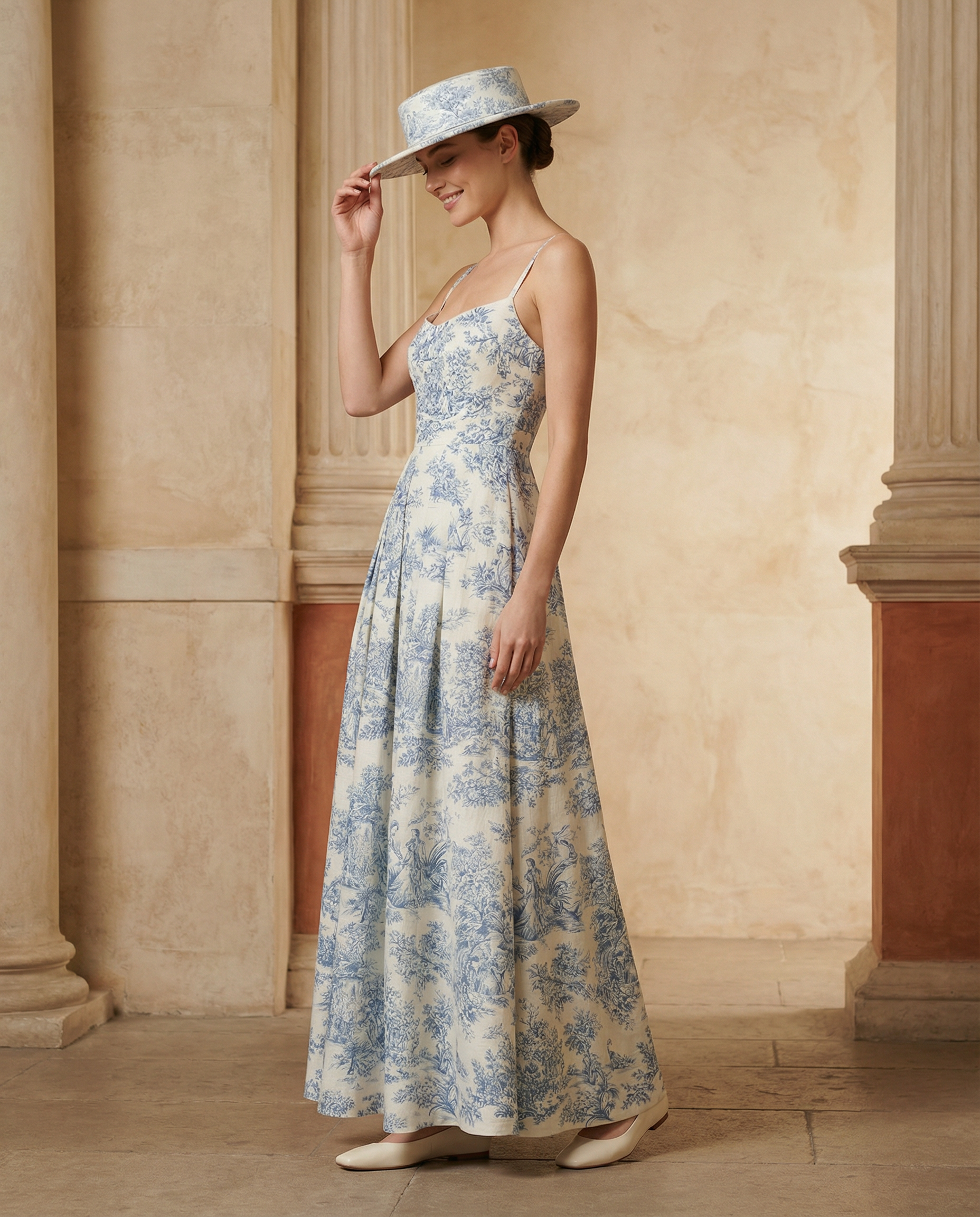 Toile de Jouy Spaghetti-Strap Maxi Dress in Ivory and Blue