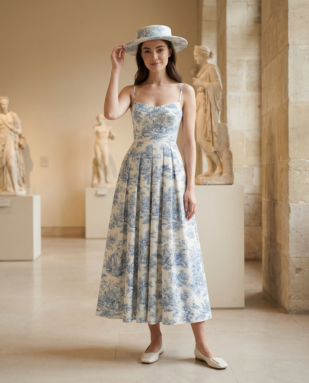 Toile de Jouy Spaghetti-Strap Midaxi Dress in Ivory and Blue