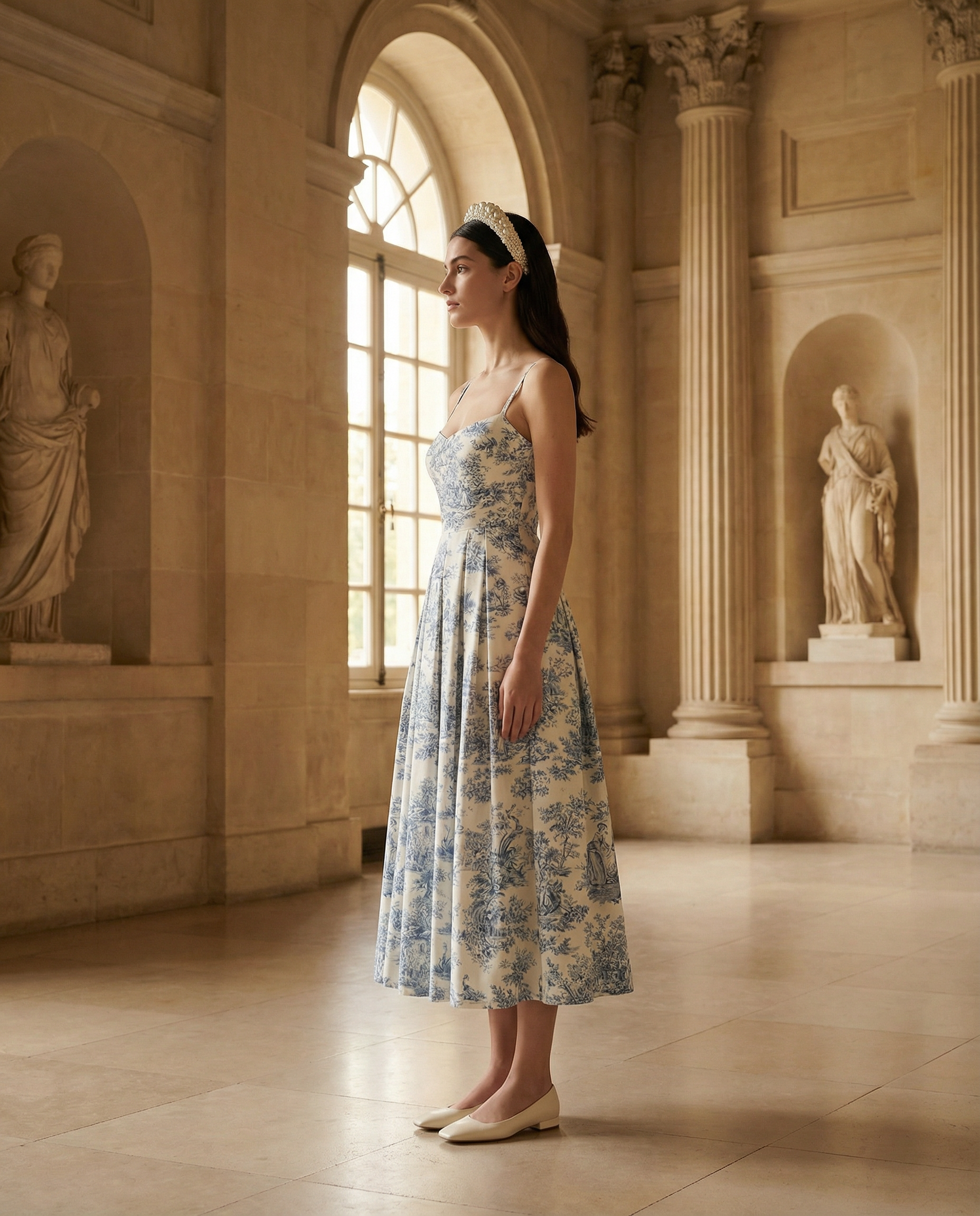 Toile de Jouy Spaghetti-Strap Midaxi Dress in Ivory and Blue