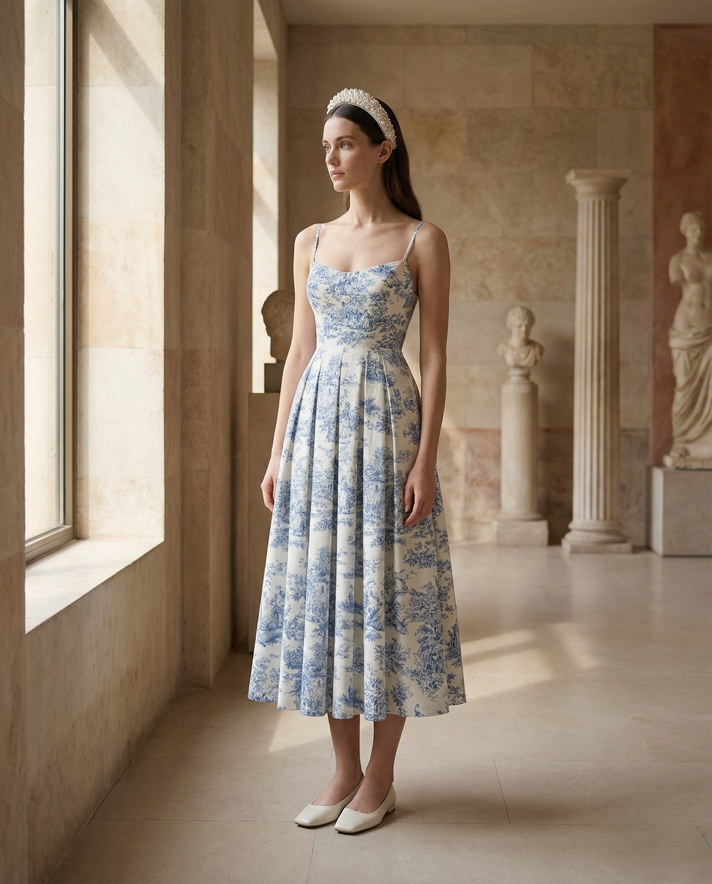 Toile de Jouy Spaghetti-Strap Midaxi Dress in Ivory and Blue