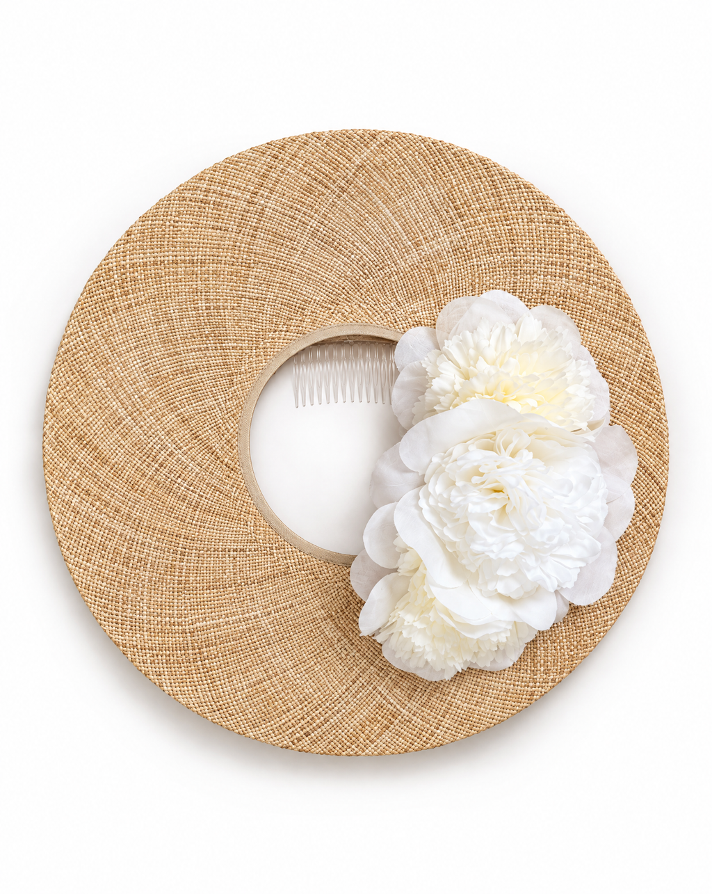 Wide-Brim Straw Halo Hat with Ivory Silk Peonies
