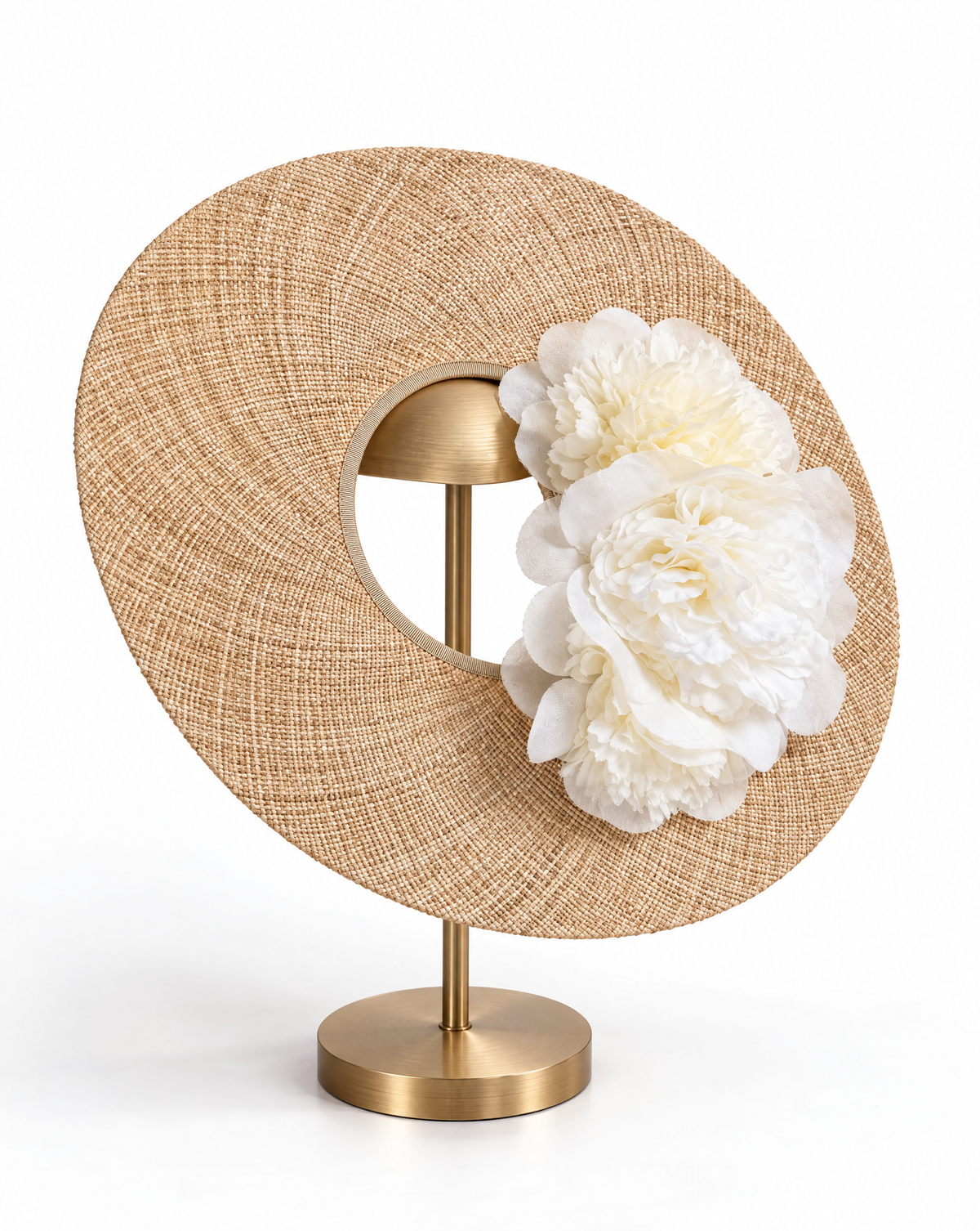 Wide-Brim Straw Halo Hat with Ivory Silk Peonies