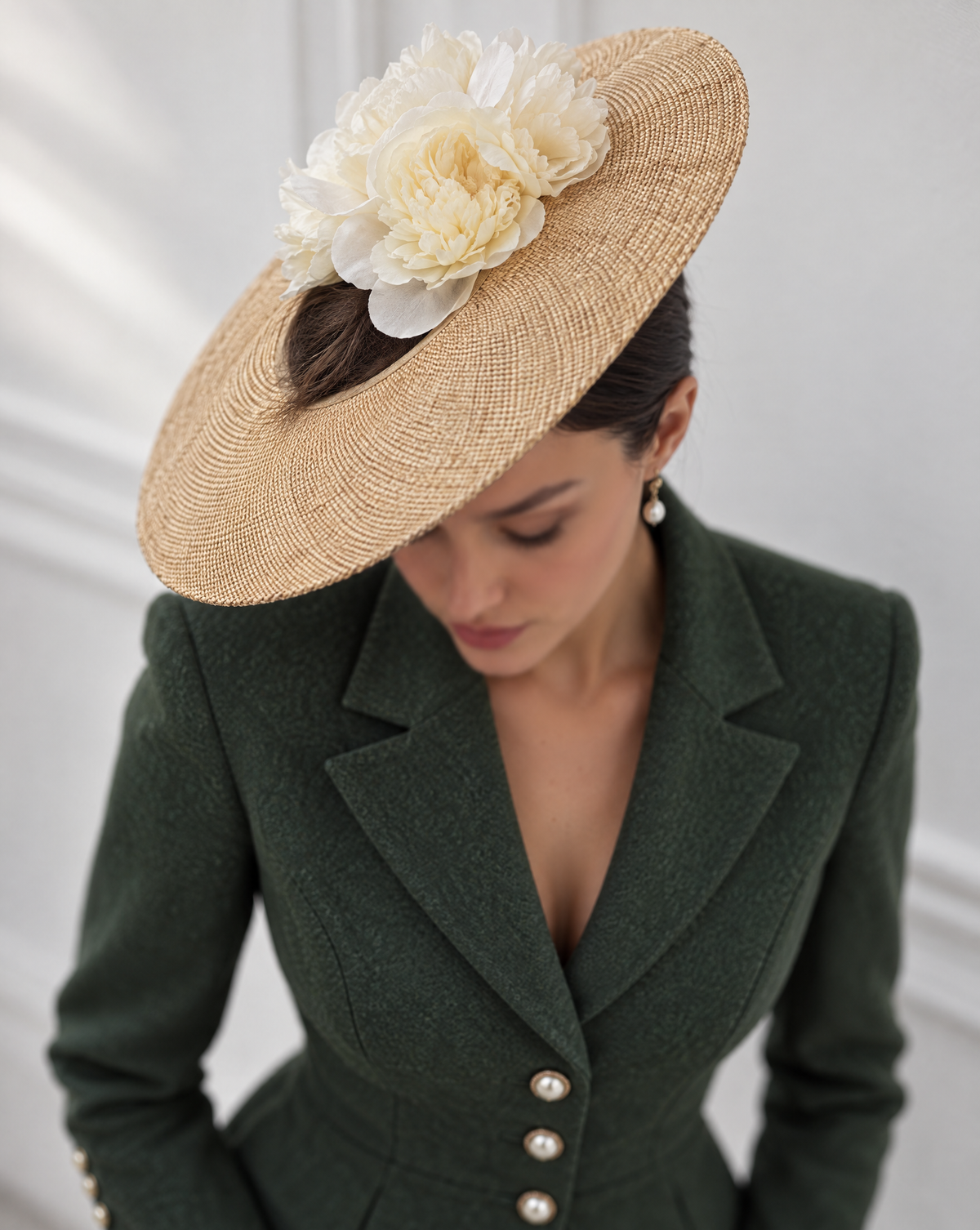 Wide-Brim Straw Halo Hat with Ivory Silk Peonies